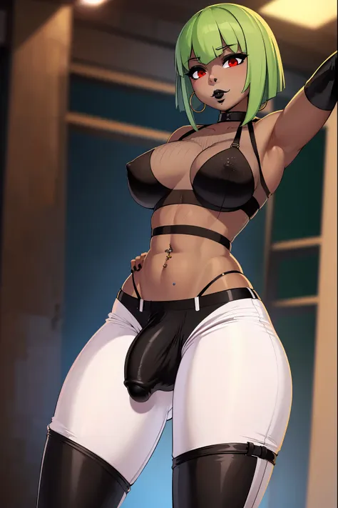 (solo:1.1),(masterpiece), (best quality:1.3), highly detailed, intricate, professional art, digital art, absurdres, confidant, emerald sustrai, futanari emerald sustrai wearing a fishnet-crop-top with arm gloves and pants confidently in a club,(Black see t...