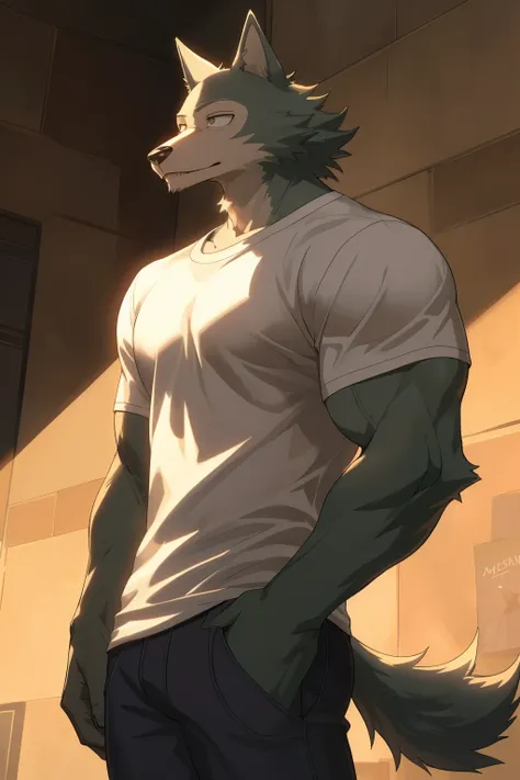 legoshi, beastars, muscular, body-builder, lobo, the second, large pectorals, venous muscles, huge muscles, thin waist, tight bl...