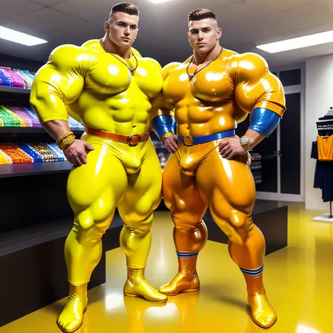 full view full body, one muscular bodybuilded white european handsome Man with clean undercut light-brown haircut, in bright-orange latex jumpsuit and white shiny latex socks, no shoes, wearing gold rings, bracelets, necklaces, posing in gay clothing store...