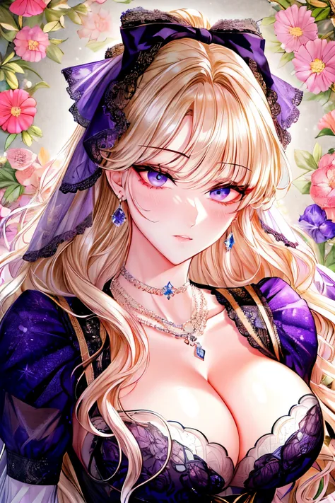 Kuroume_1024, ((shoujo-style, floral background, romance manhwa)), (close up), (1girl:1.2), platinum-blonde hair, solo, long hair, flower, dress, thick eyeblows, blue flower, wavy hair, closed mouth, collarbone, breast, cleavage, puffy sleeve, white dress,...