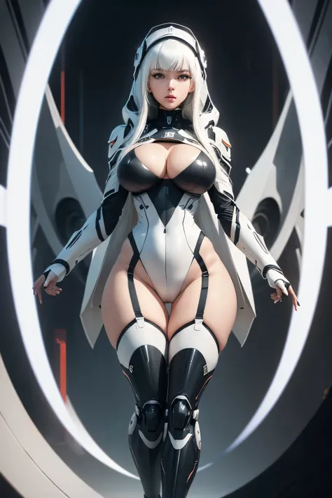 (Masterpiece), top quality, best quality, official art, (beautiful and aesthetic), (woman), (black mecha:1.1), (full body shot), (black bodysuit:1.1), (white dress:1.2), hood, (white hair:1.1), look at viewer, bangs, (white stocking:1.2), (futurial zen sty...