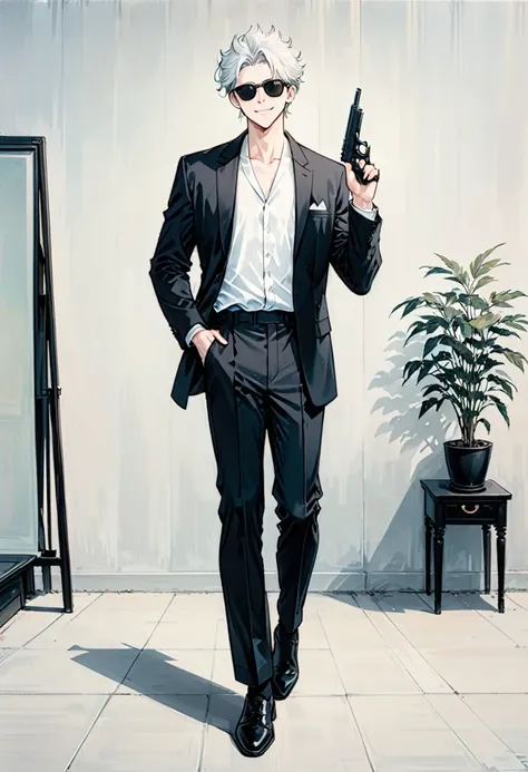 Solo, A black suit with a white open shirt that shows his collarbone, Smooth black and white hair down to his back, Eyes showing through sunglasses, Handsome man, ((holding a pistol:1.2)), smiling while looking at camera,Hair up to the neck, ((full body:1....