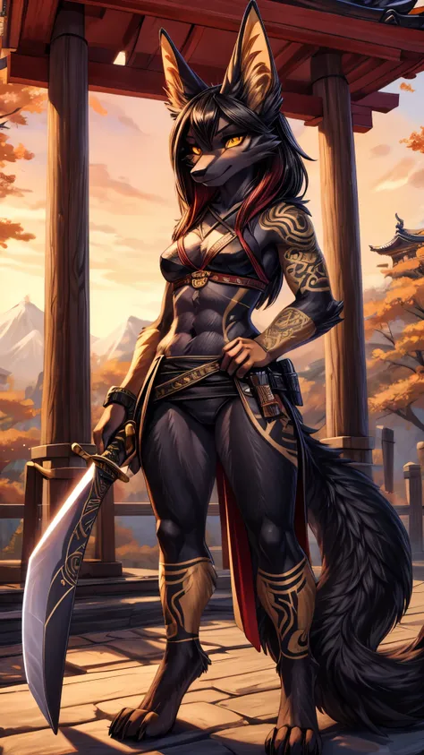 Masterpiece Best quality, the best definition to add aesthetic and lighting details, dark kitsune, Black girl jackal, teen girl, ,black body, japanese shrine landscape mt fujisan al fondo add_detail, golden tattoo body, sensual eyes, yellow pupil, glowing ...