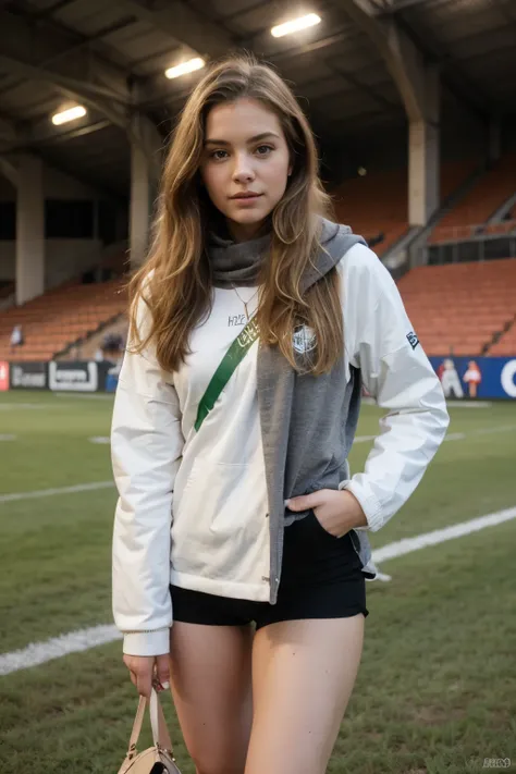 (((best quality))), (((artwork))), (((detailed))), 1 girl, in a Palmeiras football stadium, very beautiful, blonde hair, captivating look, with chic winter clothes