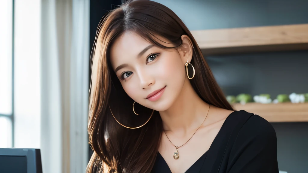 Highest quality、High resolution、8k wallpaper、Dense and beautiful eye-glue hair、(Beautiful breasts:1.3)、Natural color lip、25歳のwoman、woman、Brown Hair、Embarrassed look、smile、Tilt your head、Semi-long hair、Hair tied up、Wearing a necklace and earrings、Frilly bla...