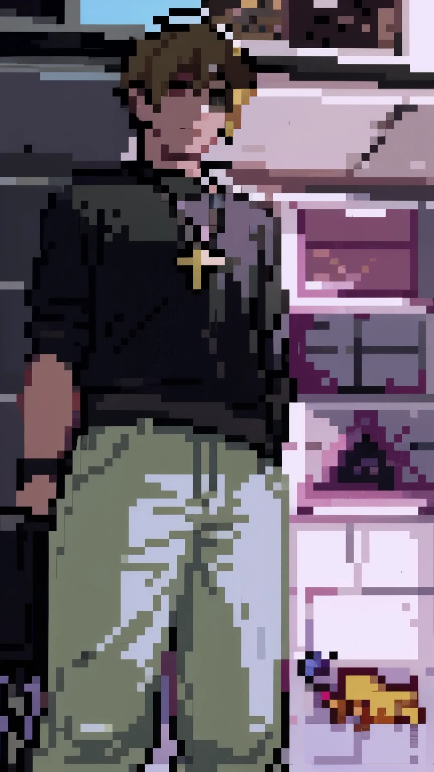 Pixel art, pixel style, sprite , blonde boy, Cross chain 