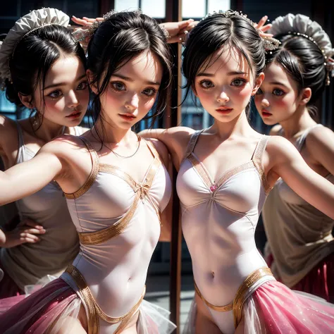 SFW, ExtremelyDetailed (((Kawaii Ballet Girls Group in a row:1.37))), Childish perfect face, Reflective Eyes, Detailed(Delicate Clothing textures), Dynamic Joyful Expressions LifeLike Rendering, (Specular Reflection:0.2), TopQuality 8K Ultra-detailed maste...