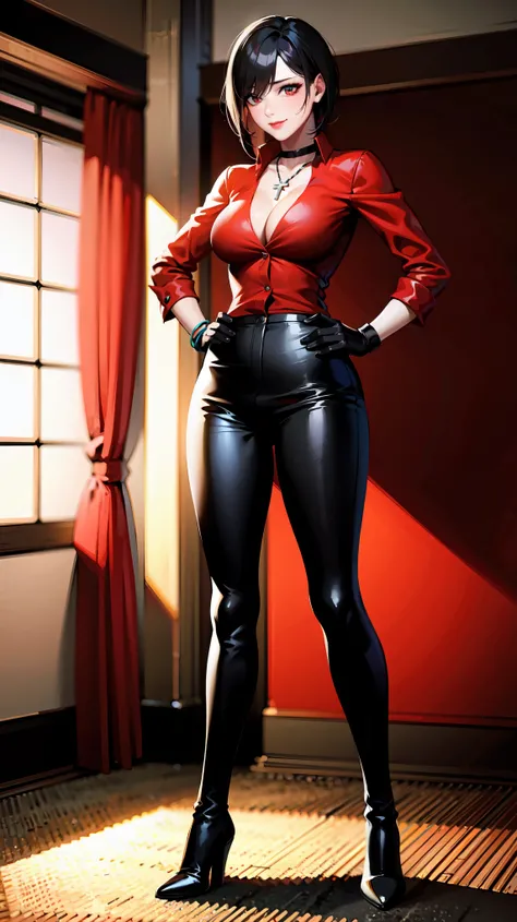 （（super high quality,Ultra-high resolution,4K,8k,super masterpiece,Ultra HD））Dimly lit room,Full body photo,（（A sexy mature woman,））,（（Red collared shirt,（Sleeves folded back to the elbow,Black long gloves）,Black pants with a glossy finish,Black long boots...