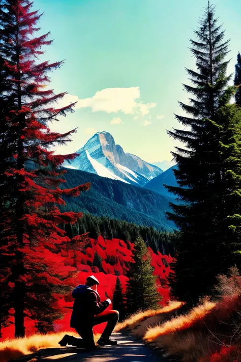 Its for my songs cover art, I want it to be a mysterious but beautiful landscape, I hope to give emphasis to blood red colors and pine trees. with a man kneeling looking at the mountain

