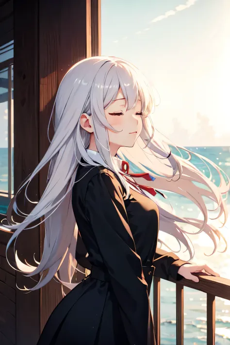 Anime girl with closed eyes enjoying the breeze. 