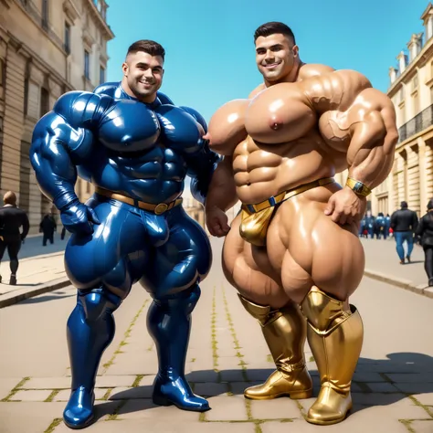 full view full body, two over- muscular very attractive white european bodybuilded young men with light-brown undercut clean haircuts, wearing tight navy-blue police uniforms, skintight buff straps, latex rubber boots tight bara, gay full-bodied bodysuit ,...