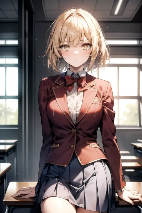 Messy hair, short blonde hair, (yellow eyes:1.3),
BREAK bow, school uniform, jacket, bowtie, blue bowtie, blazer, (red blazer:1.5), skirt, white skirt,
BREAK classroom
BREAK sitting and looking down, (cowboy shot:1.5),
BREAK (masterpiece:1.2), best qualit...