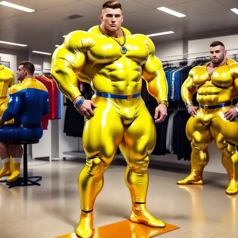 full view full body, one muscular bodybuilded white european handsome Man with clean undercut light-brown haircut, in bright-orange latex jumpsuit and white shiny latex socks, no shoes, wearing gold rings, bracelets, necklaces, posing in gay clothing store...