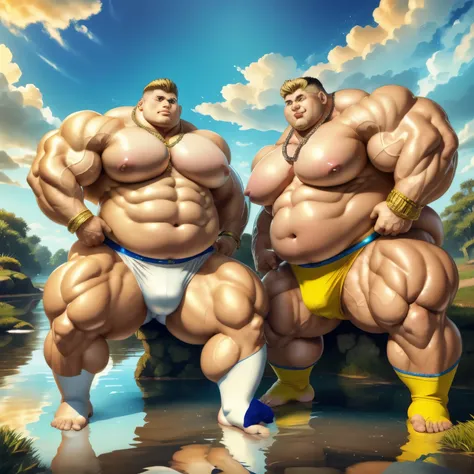 full view full body, 2 different blond European male bodybuilders with undercut cut, extremely bloated and swollen with muscle and fat like two big and fat obese pigs force-fed, their over-inflated muscles resembling buoys, there are a lot of gold rings, b...