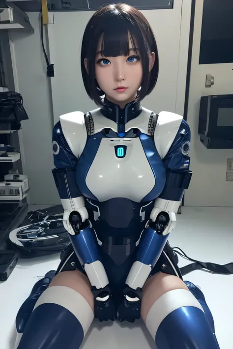 masterpiece, best quality, extremely detailed, Japanese android girl,Plump ,control panels,robot arms,robot,android,cyborg,white robot body,blunt bangs,robot repair plant,knee high socks,blue eyes,rolling eyes