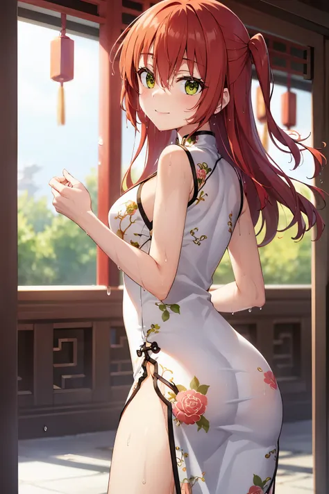 Red hair、Long Hair、bangs、Hair between the eyes、One side up、Green Eyes、smile、Medium chest, Cleavage, 自然なsmile、Perfect limbs, Perfect Anatomy,(((China dress)))、(((Looking Back)),Wet with sweat,