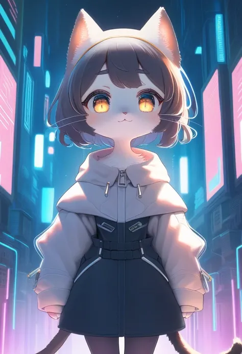 ((Masterpiece)), ((Best Quality)), (Very Detailed), ((Very Detailed)), 4K, (8K), very aesthetic, absurdres highres, 1 woman, (anthropomorphic cat, furry, kemono:1.5), The Future of Fashion in a Cyberpunk World, Super deformed character style,
