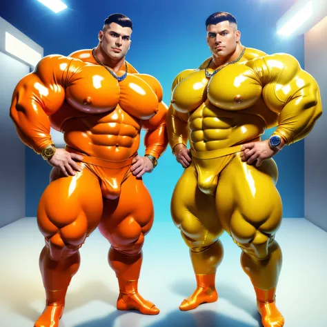 full view full body, one muscular bodybuilded white european handsome Man with clean undercut light-brown haircut, in bright-orange latex jumpsuit and white shiny latex socks, no shoes, wearing gold rings, bracelets, necklaces, posing in gay clothing store...