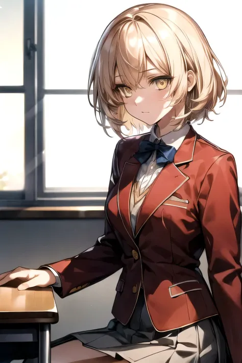 Messy hair, short blonde hair, (yellow eyes:1.3), brown iris 
BREAK bow, school uniform, jacket, bowtie, blue bowtie, blazer, (red blazer:1.5), skirt, white skirt,
BREAK classroom 
BREAK sitting and looking down, (cowboy shot:1.5),
BREAK (masterpiece:1.2),...