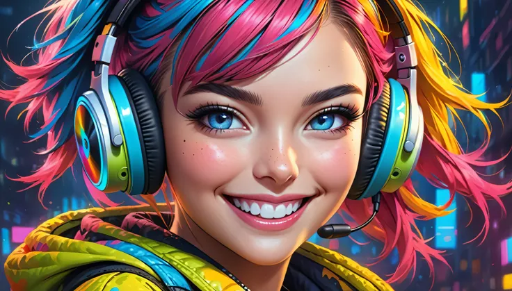 girl with wireless headphones, cheeky grin, colorful, portrait, pop culture, realstic style, realistic skin pores