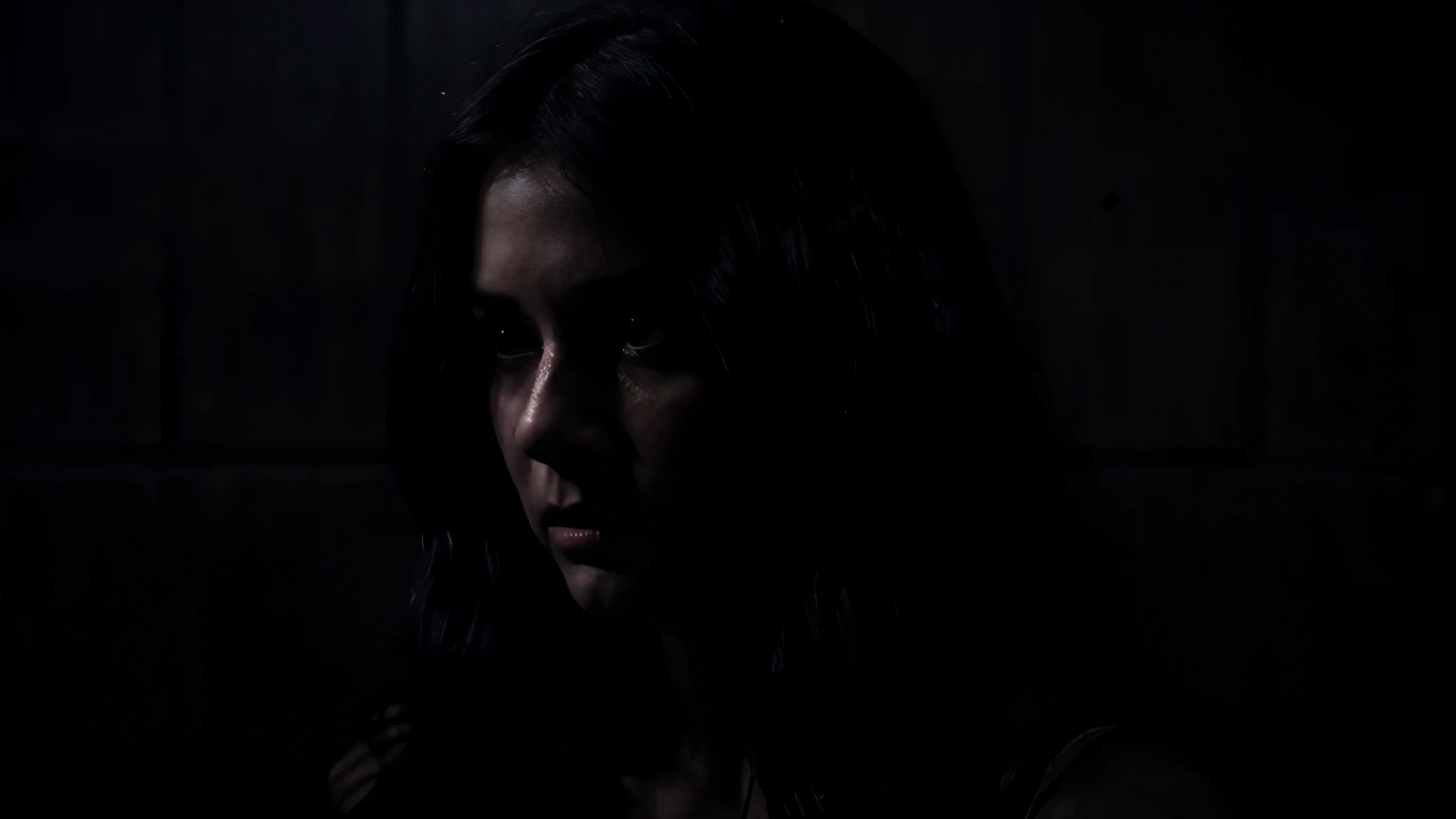 A woman with long dark hair looks fearful in a dark room surrounded by shadows whispering, foggy background, dark purple and black colors, 16:9, cinematic style, eerie atmosphere, emotional tension.