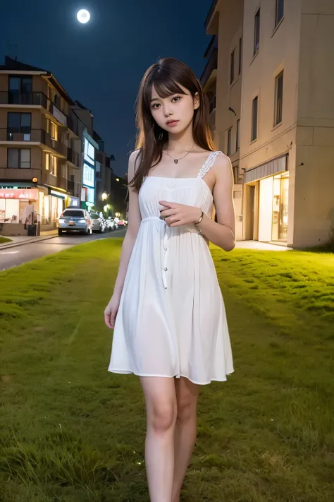 A girl stands in a meadow with short grass at night、Woman in nightdress、Brown hair with bangs、full body photo、City lights below、Moonlit night sky、masterpiece、highest quality、Super detailed、official art、High color rendering、High resolution、Super realistic、p...