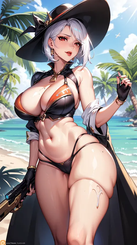 AsheOver, 1girl, summer hat, solo, hat, makeup, overwatch , Ashe , mole above mouth,, lipstick, red lips, mole, earrings, jewelry, huge breasts, white hair, looking at viewer, gun, cow bra, eyeshadow, red eyes, , short hair, orange knickers , weapon, beach...