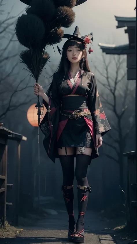 A Japanese witch wearing a pointy witch hat and a kimono mixed with witch dress. 真实感. Top quality.ultra high definition.