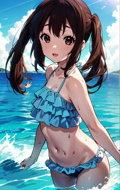 meet, Azusa Nakano, Black Hair, (Brown eyes:1.5), Long low twintails,smile,Open your mouth,Bikini swimsuit with ruffles,barefoot,Wet Hair,Wet swimsuit,Wet Skin,Daytime,Clear skies,True Summer,Water Play,whole bodyがイラストに入るように,
break outdoors, Ocean,
break l...