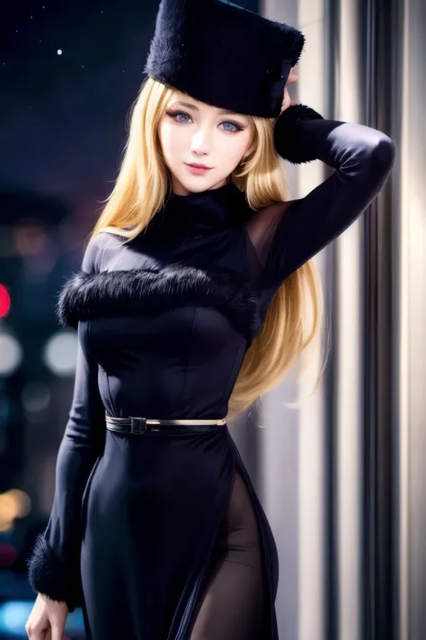 maetel, long hair, blonde,fur trim, black hat, fur hat, dress,(cowboy shot:1.1), good eyes, (luggage:1.1), vapor (station:1.1),s...