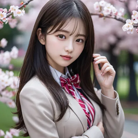 Graduation Ceremony、high school girl、uniform 、Navy Blue Blazer、Cherry tree in full bloom、Cherry blossom confetti、Perfect Proportions、cute、((18-year-old female:1.2))、Young and adorable Japanese face，Official Art，Highly detailed CG Unity 8K wallpapers，（maste...