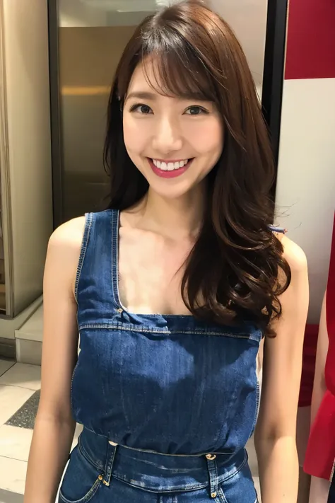 beautiful 30 year old woman、brown hair、with bangs、smile、beautiful breasts、sexy body、red tank top、blue denim shorts、standing in t...