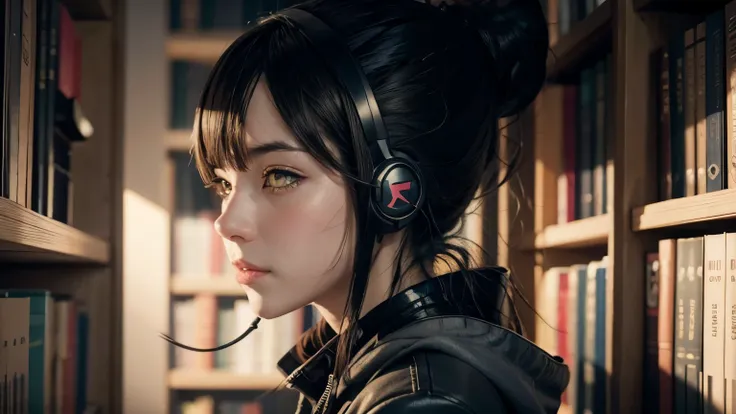 anime girl with headphones reading a book in a library, kawaii realistic portrait, non-style artwork by guweiz, detailed anime digital art, Anime digital illustration, , anime styling. 8k, cute portrait, anime portrait , detailed portrait of anime girl, po...