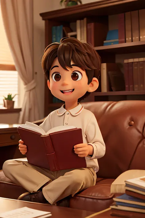 A boy of 2 years old, with brown eyes and hair smiling and surprised, looking at the camera. Sitting on a couch in a classic psychoanalysts office. Place elements like books in the scene, Cup of coffee.