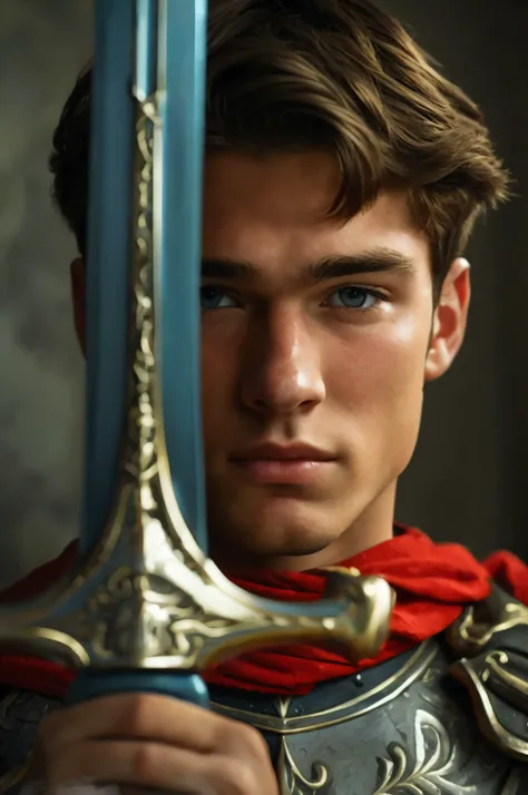 Realistic photo of solo handsome teenage men ,holding a big sword
