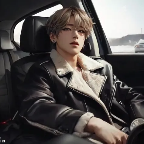 arafed image of a man sitting in a car wearing a black jacket, park jimin, jimin, by yang j, high quality fanart, jungkook, tumb...