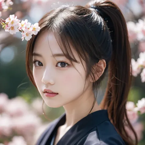 Graduation Ceremony、university student、22 years old、hakama 、Hair tied up、Cherry tree in full bloom、Cherry blossom confetti、Perfect Proportions、cute、((22-year-old female:1.2))、Young and adorable Japanese face，Official Art，Focus on the face、Highly detailed C...