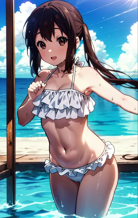 meet, Azusa Nakano, Black Hair, (Brown eyes:1.5), Long low twintails,smile,Open your mouth,Bikini swimsuit with ruffles,barefoot,Wet Hair,Wet swimsuit,Wet Skin,Daytime,Clear skies,True Summer,Water Play,whole bodyがイラストに入るように,
break outdoors, Ocean,
break l...