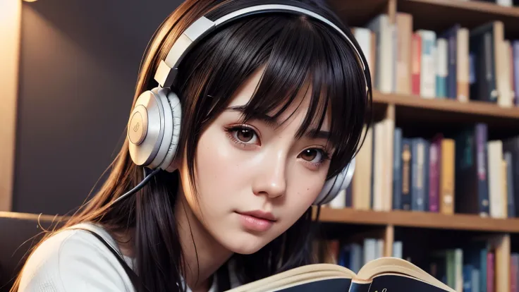 anime girl with headphones reading a book in a library, kawaii realistic portrait, non-style artwork by guweiz, detailed anime digital art, Anime digital illustration, , anime styling. 8k, cute portrait, anime portrait , detailed portrait of anime girl, po...