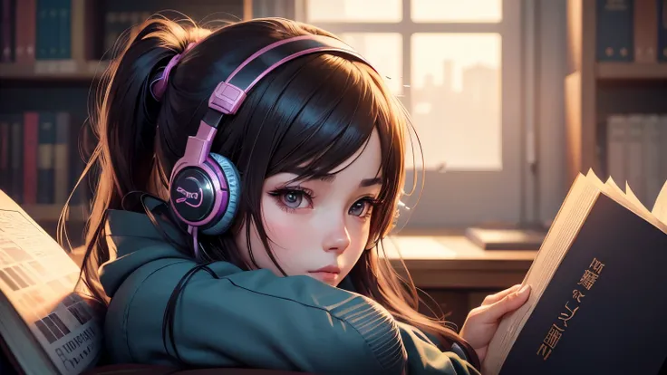 anime girl with headphones reading a book in a library, kawaii realistic portrait, non-style artwork by guweiz, detailed anime digital art, Anime digital illustration, , anime styling. 8k, cute portrait, anime portrait , detailed portrait of anime girl, po...