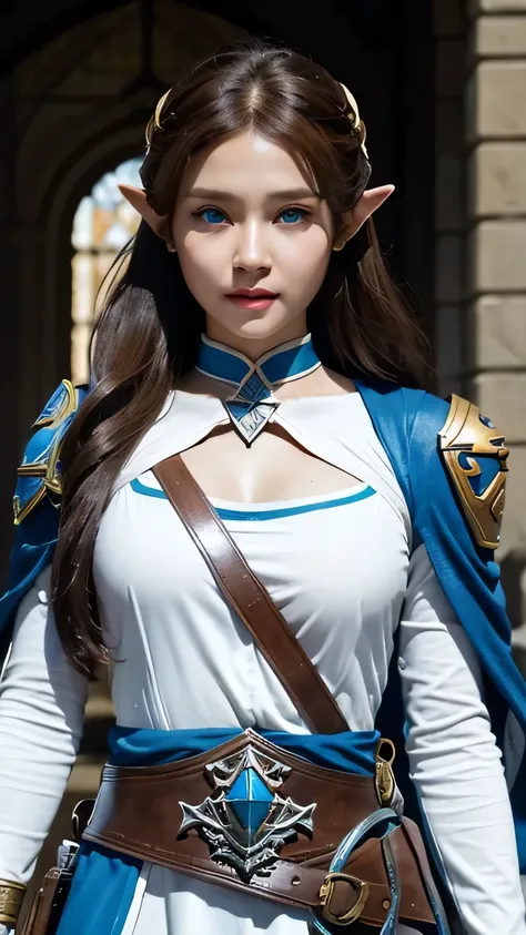 a full-body shot of princess zelda, brown hair, blue eyes, dressed as an assassin from assassins creed, in white+gold witha whit...