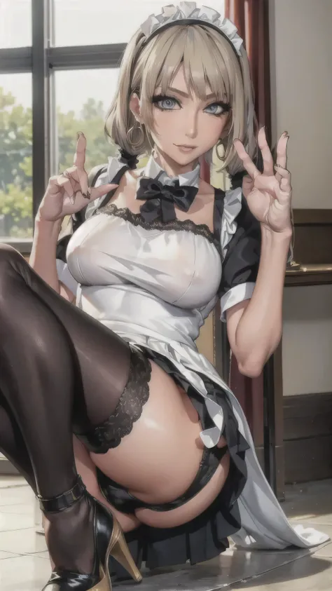 ((Correct Anatomy)),((Maid clothes)),((ruffled white blouse)),((Lace panties)),((Sexy pose)),(((Mini Pleated Skirt))),((open-chest)),((Beautiful feet)),((Black Pantyhose)),((Beautiful feet)),Ultra-high resolution, Mature Woman, Mature Woman, Very detailed,...