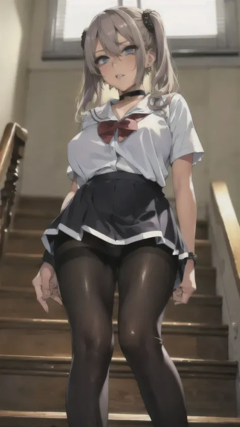 ((panties under pantyhose)),((Beautiful feet)),(((Black Stockings))),((Lace panties)),((school uniform)),((loafers)),(((Pleated mini skirt))), ((White blouse)),((Correct Anatomy)),((Standing on the stairs)),((shoot from below)),Ultra-high resolution, Matur...