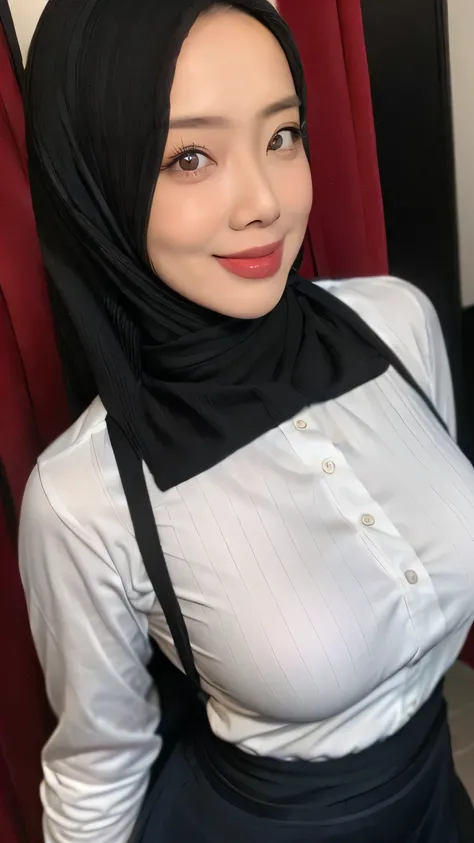 adorable, 1 girl, wearing pink hijab, (face to face), 30 years old, beautiful face, happy, half body portrait, (face details: 1), (eye details:1), ((big breasts)). wearing transparency striped shirt, .. Cute posed. proportional body. Ultra High Res. realis...