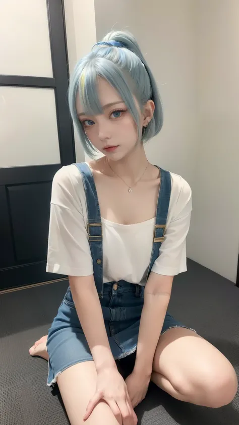 masterpiece, Highest quality, Very detailed,One person,indoor, Adult, Split Color Hair, yellow　and　Blue Hair, narrow, Sharp eyes、, Clothes, blue eyes、From the top of the head to the knees、mini skirt、