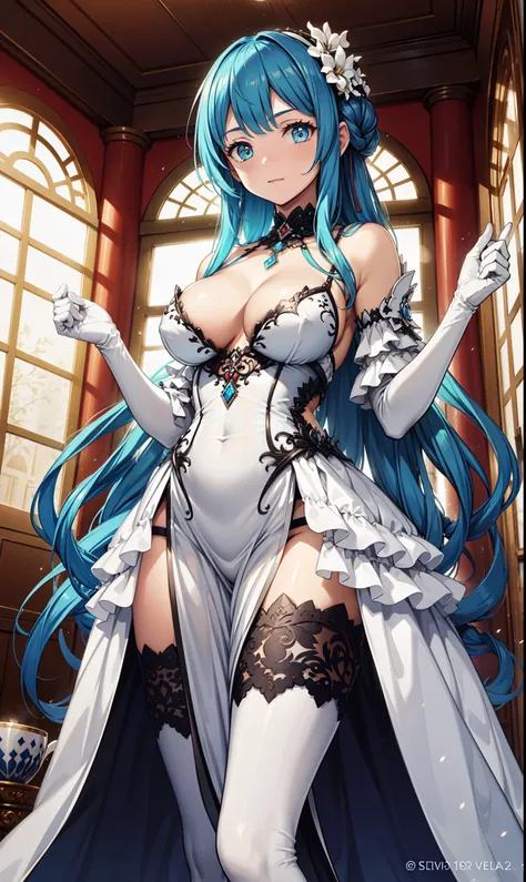 1girl,slender face,blue hair,adult,glamor,silver hair,Saint,white_dress,harem,Valentine,capelet,cowboy_shot,uneven_legwear,，(The magical transparent white dress)，Black Gloves，See through transparent clothes，Exquisite hair accessories，Transparent lace，Sky b...