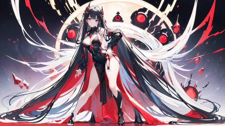 Exquisite eyes),(Clear and beautiful eyes:1.61),masterpiece, 1 young girl,(Black clothes and some red gems), Black long hair, (She has a huge red gem on her chest), Good Hand,((The Havoc of StarCraft)),full-body shot,Fighting Stance,(Red Eyes:1.466)，short ...