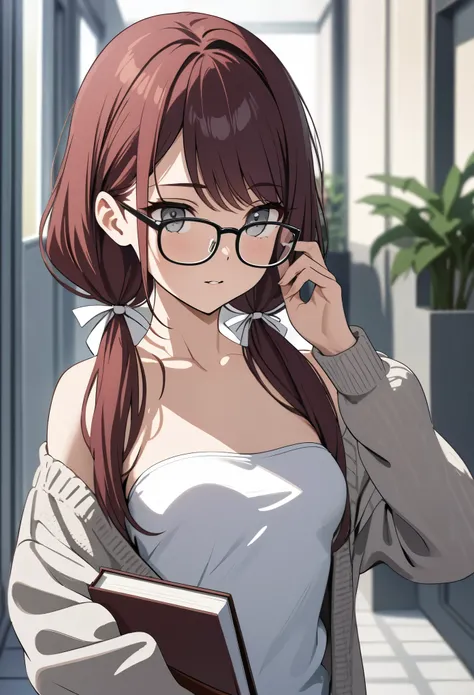 (masterpiece, best quality), stoic, adjusting glasses, holding book, beautiful face, upper body, close up, Gray eyes, dark red hair, swept bangs, low twin tails, white ribbons, glasses, knitted gray cardigan, strapless white shirt, small breasts, shadows, ...