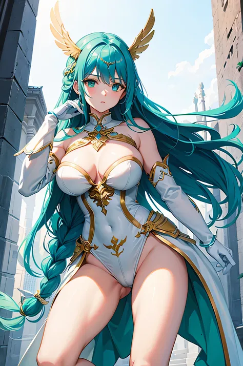 4K,High resolution,One Woman,Blue Hair,long hair,Braid,Green Eyes,Big Breasts,Valkyrie,White sacred high leg leotard armor,White gloves,White shoes,Winged headgear,Jewelry decoration,Gold decoration,Holy Sword,Temple in the Sky