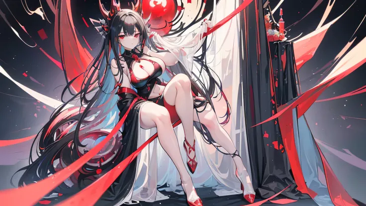 Exquisite eyes),(Clear and beautiful eyes:1.61),masterpiece, 1 young girl,(Black clothes and some red gems), Black long hair, (She has a huge red gem on her chest), Good Hand,((The Havoc of StarCraft)),full-body shot,Fighting Stance,(Red Eyes:1.466)，short ...